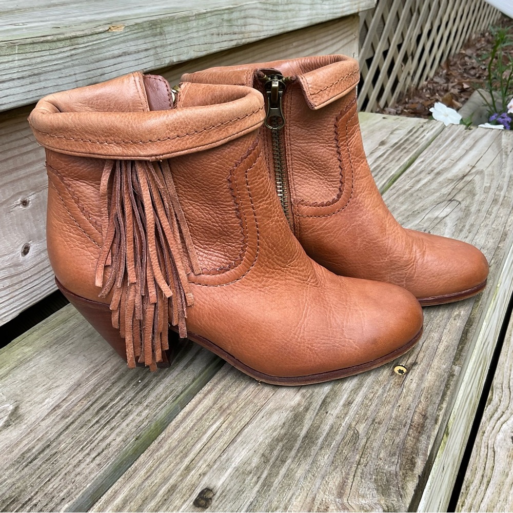 Sam Edelman Ankle Western Bootie Fringe Louie Zip Brown Stacked Heel Fold Down 7